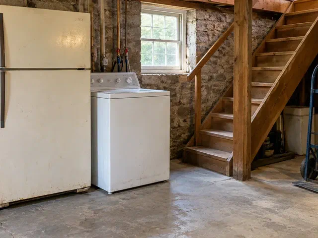 Old refrigerator and washer on a basement floor beside steep wooden stairs and a hand truck